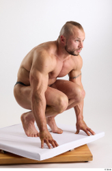 Whole Body Man White Underwear Muscular Kneeling Studio photo references